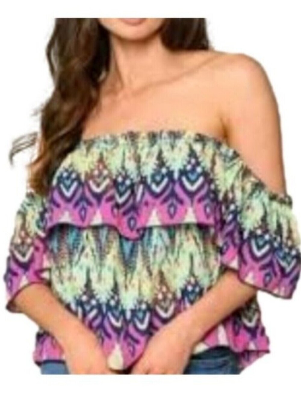 Tyche Colorful Ikat Print Off The Shoulder Ruffle Top Size Small